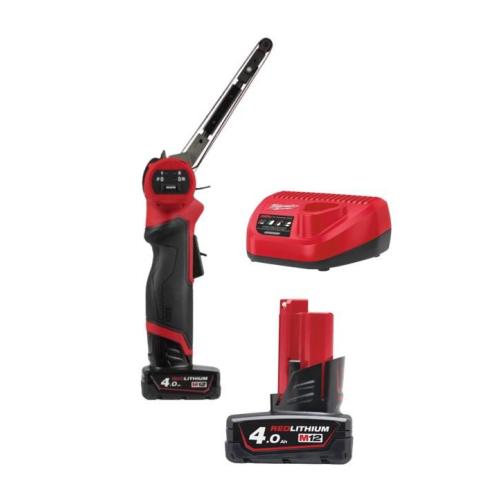 Lixadora de cinta subcompacta 13mm Milwaukee M12 FBFL13-402B + 2 baterias M12 4Ah + carregador + bolsa