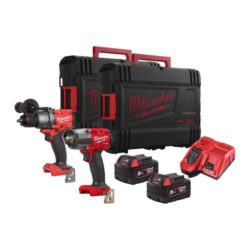 PowerPack Milwaukee M18 FPP2F3-502X Berbequim com percussão M18 + Chave de impacto M18 + 2 bat 5Ah + carregador + 2 HD-Box